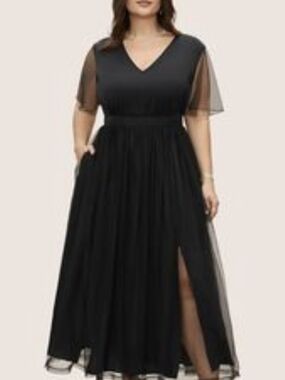 BloomChic Black V-Neck Maxi Dress with Sheer Short Sleeves